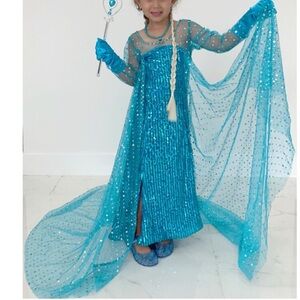 Disney elsa costume dress long gown cape frozen sequined tulle long sleeve girl